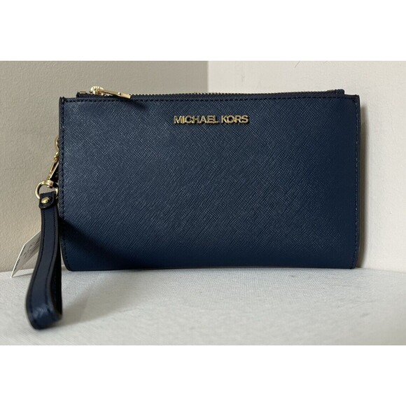 New Michael Kors Jet Set Travel Double Zip Wallet Saffiano Leather Navy - Picture 1 of 5